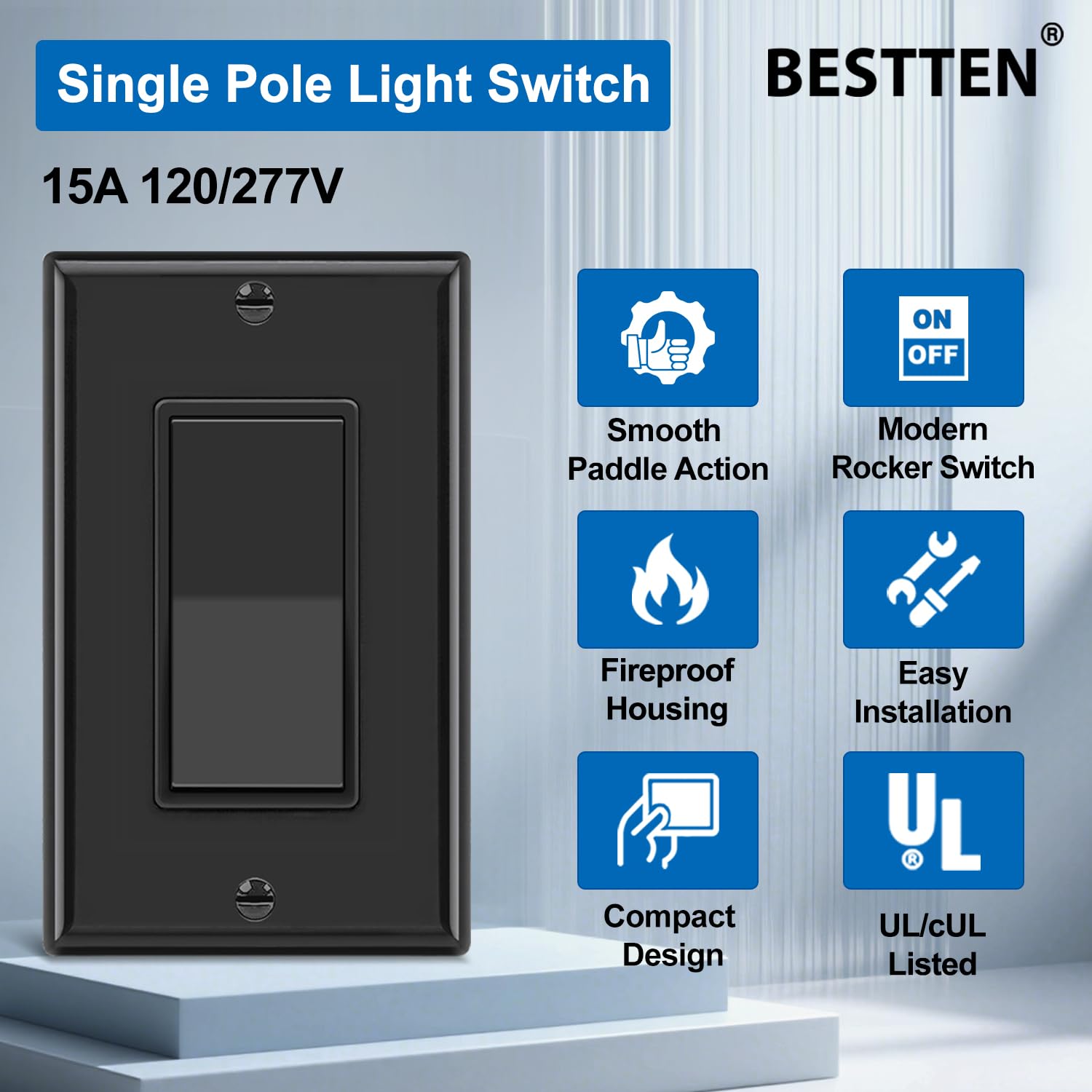 10 Pack] BESTTEN Black Light Switch Interrupter, Rocker Style